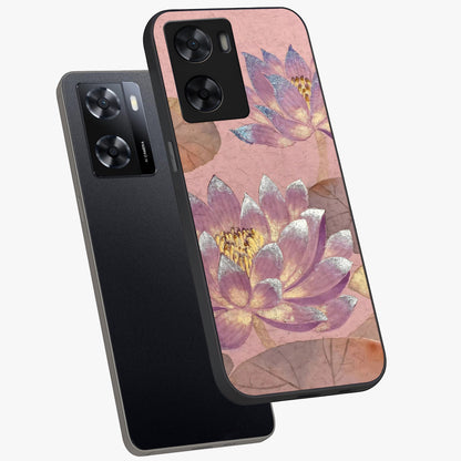 Blossom Mist Lotus Glass Case displayed in angled mockup highlighting delicate lotus illustration with calm aesthetic theme.