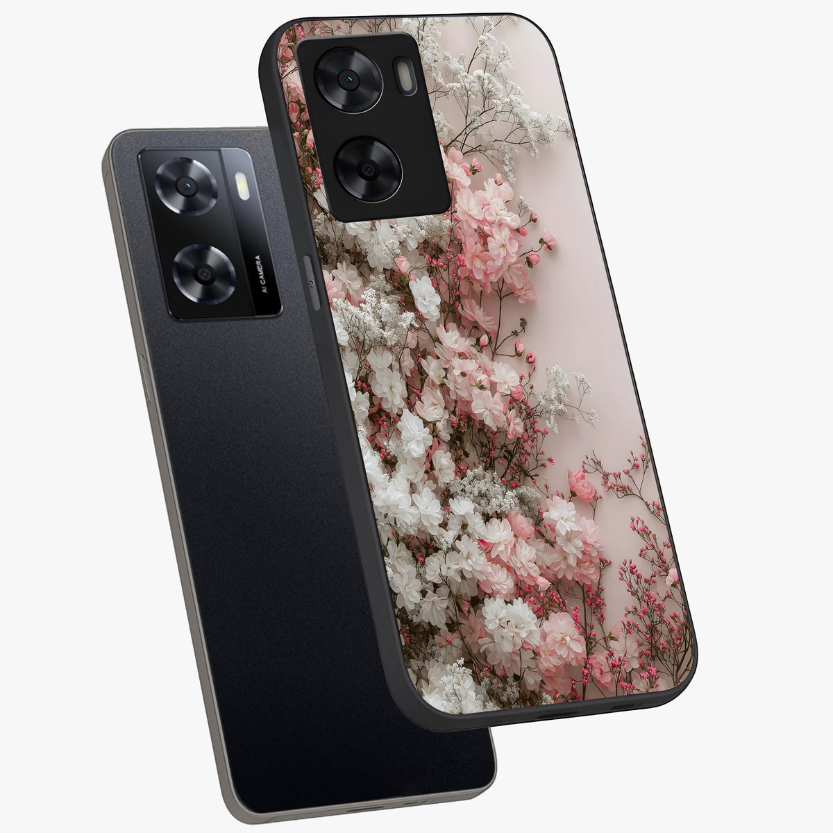 Blush Blossom Cloud Glass Case displayed in angled mockup highlighting soft cloud and blossom design with pastel aesthetic.