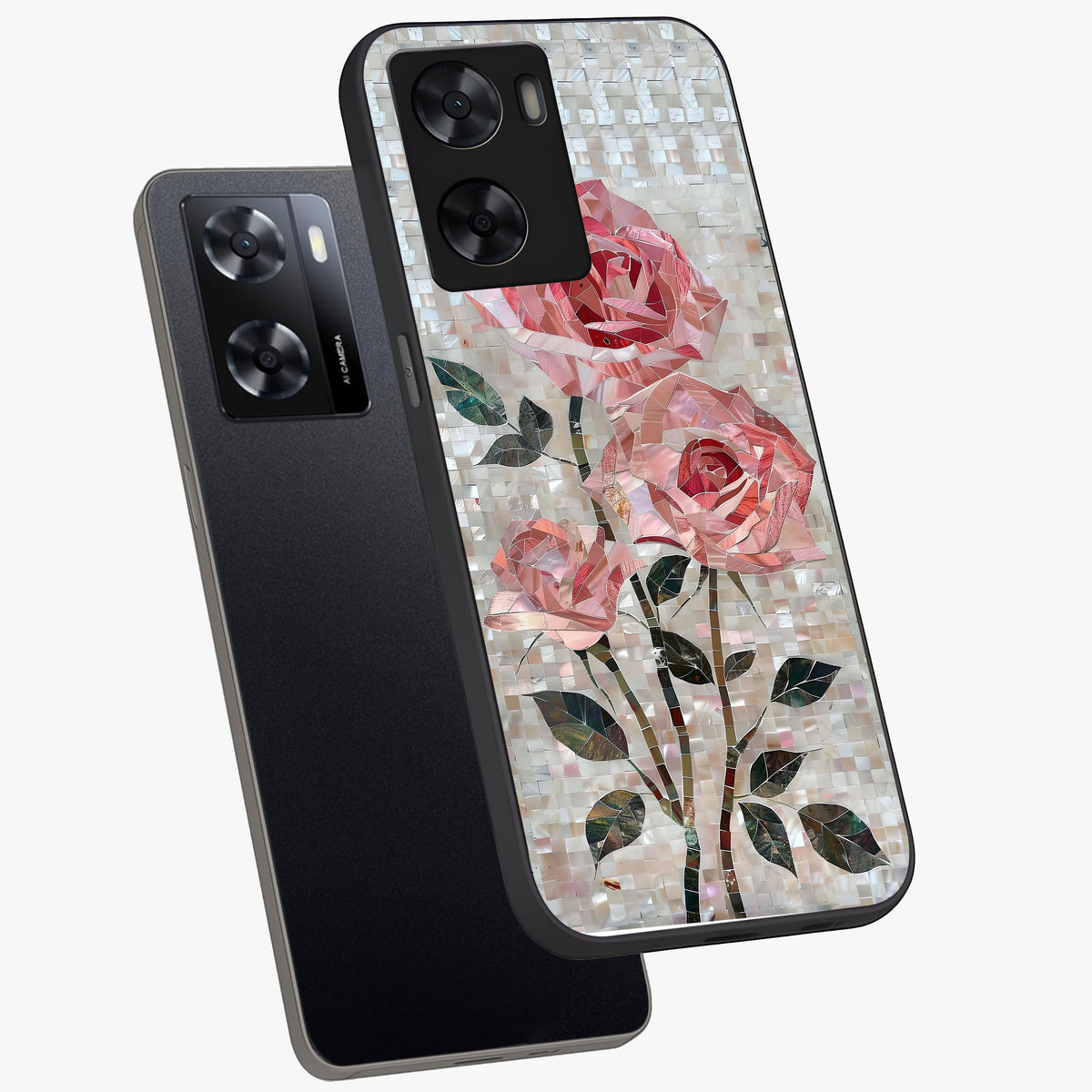 Blush Mosaic Bloom Glass Case displayed in angled mockup highlighting artistic mosaic flower pattern with aesthetic design.