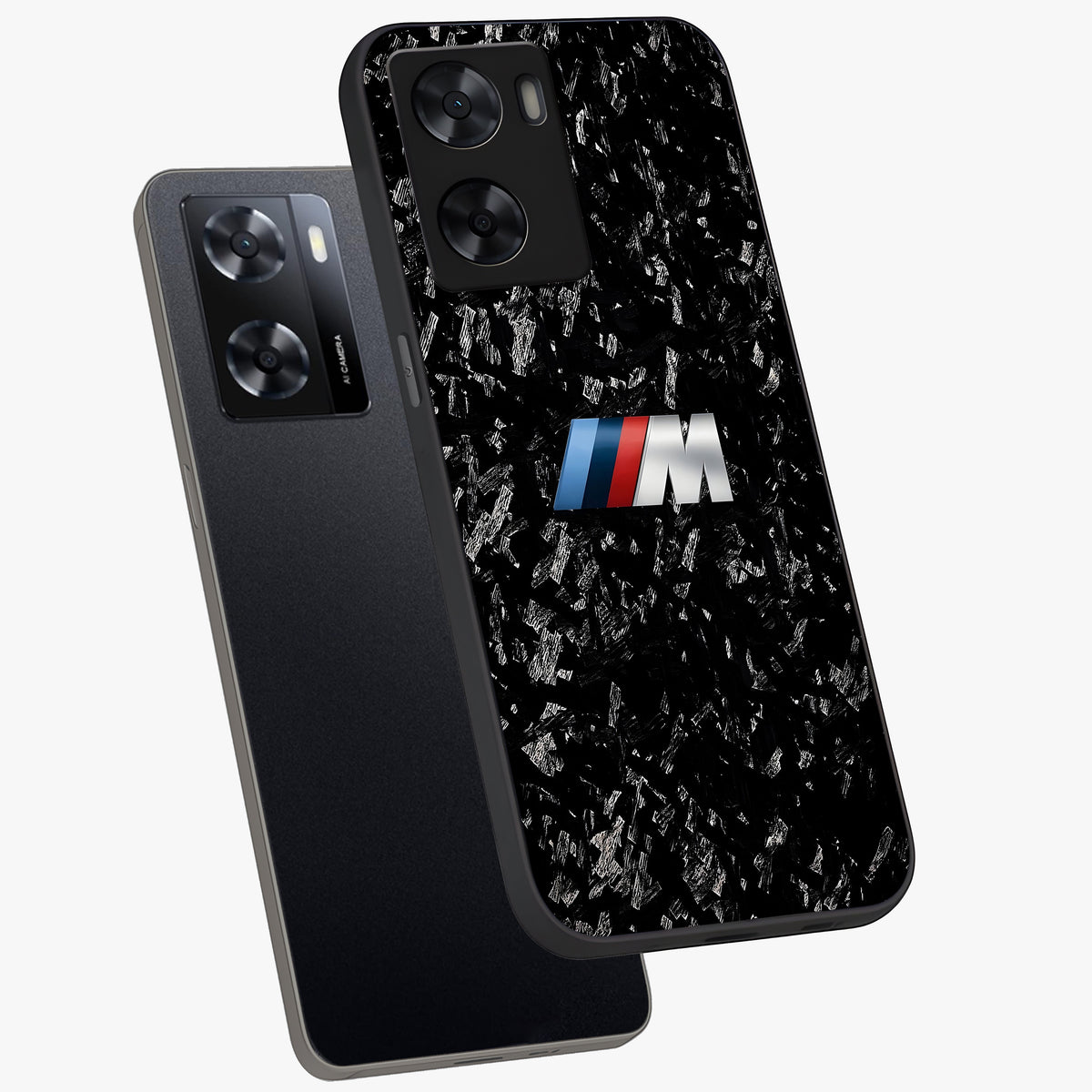Carbon Speed Mark Glass Case displayed in angled mockup highlighting racing inspired carbon design and sleek aesthetic style.