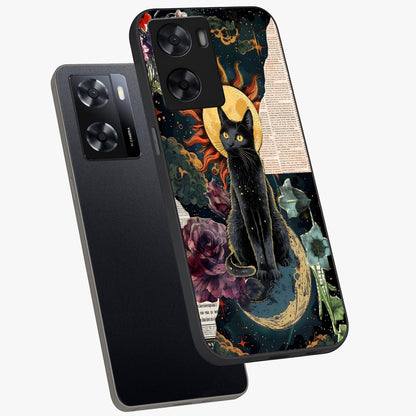 Celestial Black Cat Glass Case displayed in angled mockup highlighting cosmic black cat design with celestial aesthetic.