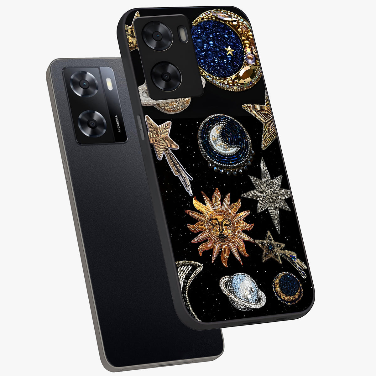 Celestial Gem Constellations Glass Case displayed in angled mockup highlighting gemstone inspired constellation design.