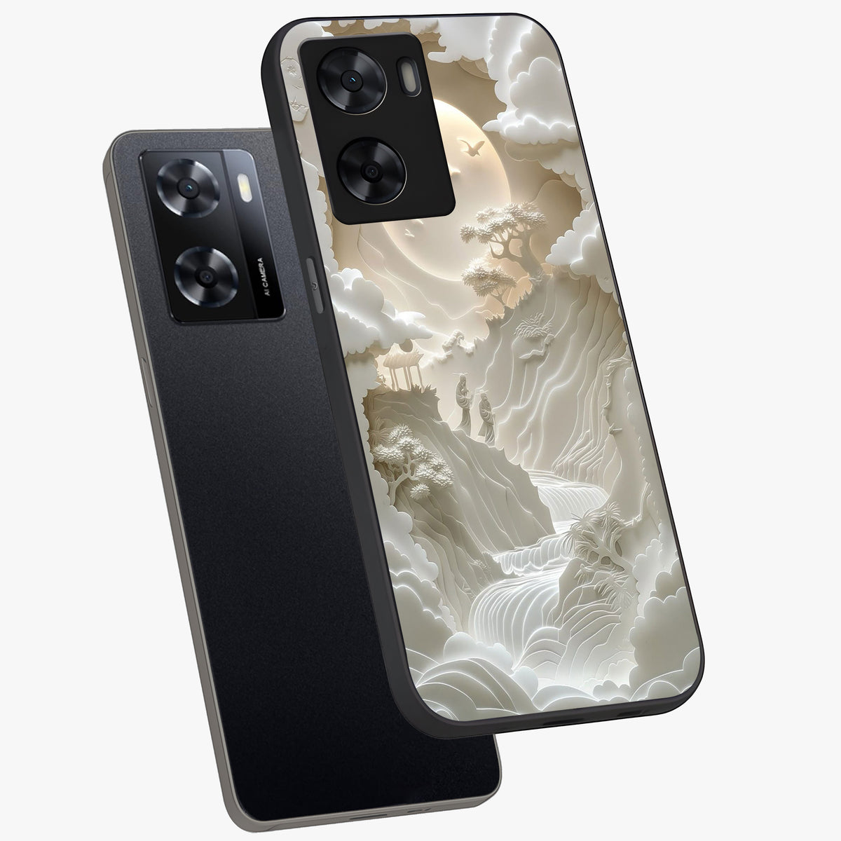 Celestial Origami Glass Case displayed in angled mockup highlighting geometric origami design with cosmic aesthetic theme.