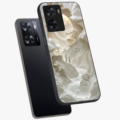 Celestial Origami Glass Case displayed in angled mockup highlighting geometric origami design with cosmic aesthetic theme.