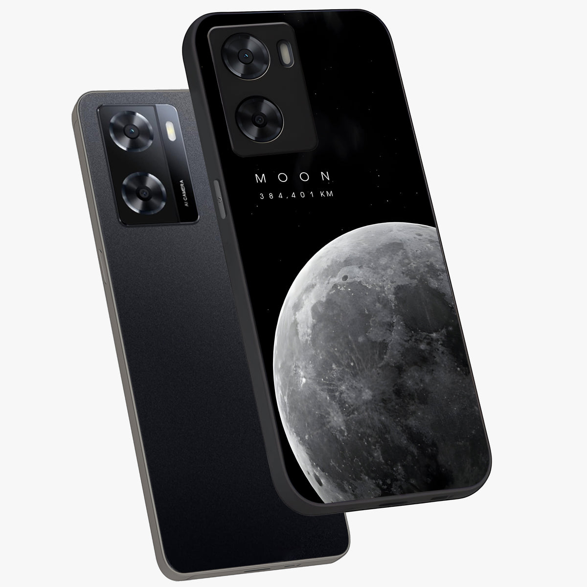 Cosmic Moon Glow Glass Case displayed in angled mockup highlighting celestial moon design with cosmic aesthetic theme.