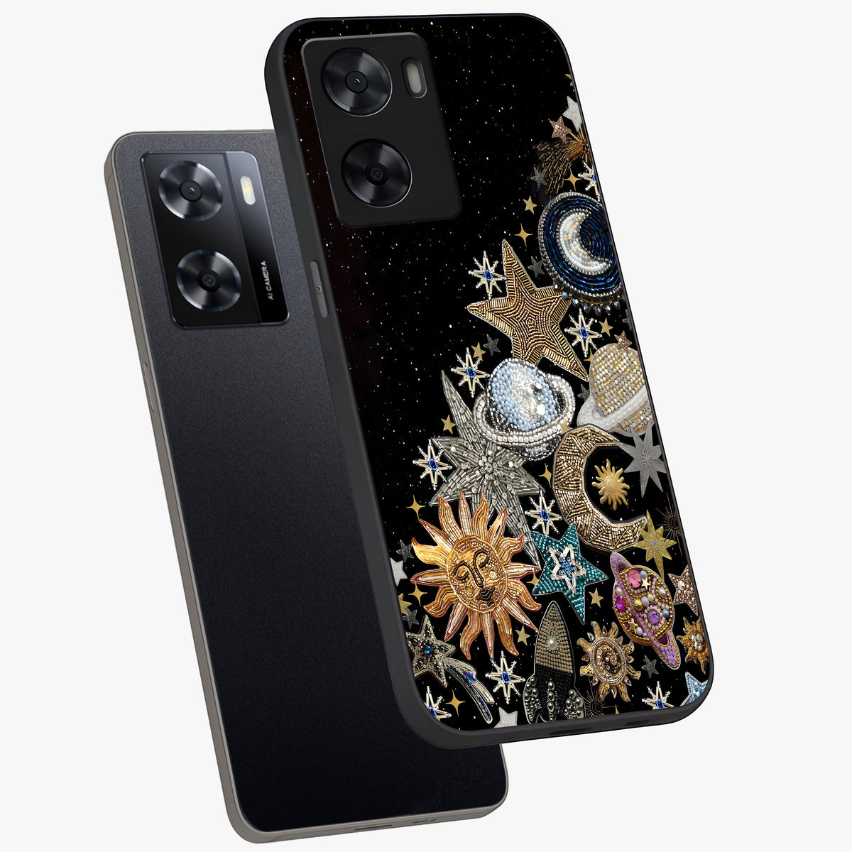Cosmic Sparkle Dreams Glass Case displayed in angled mockup highlighting dreamy star sparkle design with celestial aesthetic.