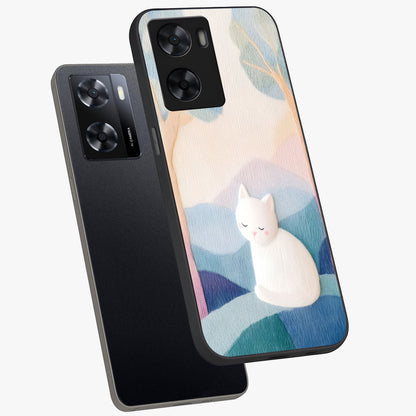 Cotton Dream Cat Glass Case displayed in angled mockup highlighting cute feline illustration with pastel aesthetic style.
