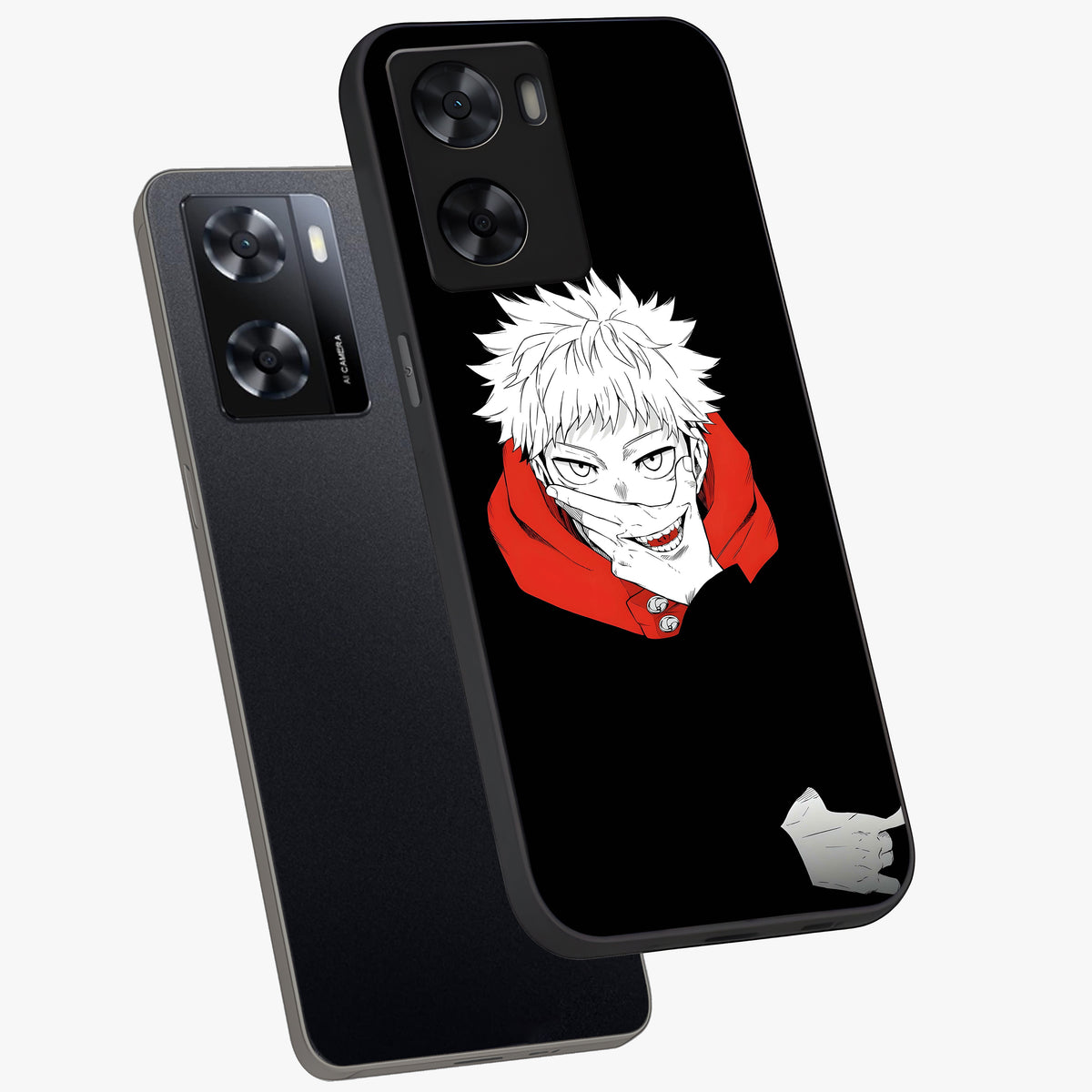 Crimson Chaos Smile Glass Case displayed in angled mockup highlighting edgy crimson smile design with graphic aesthetic.