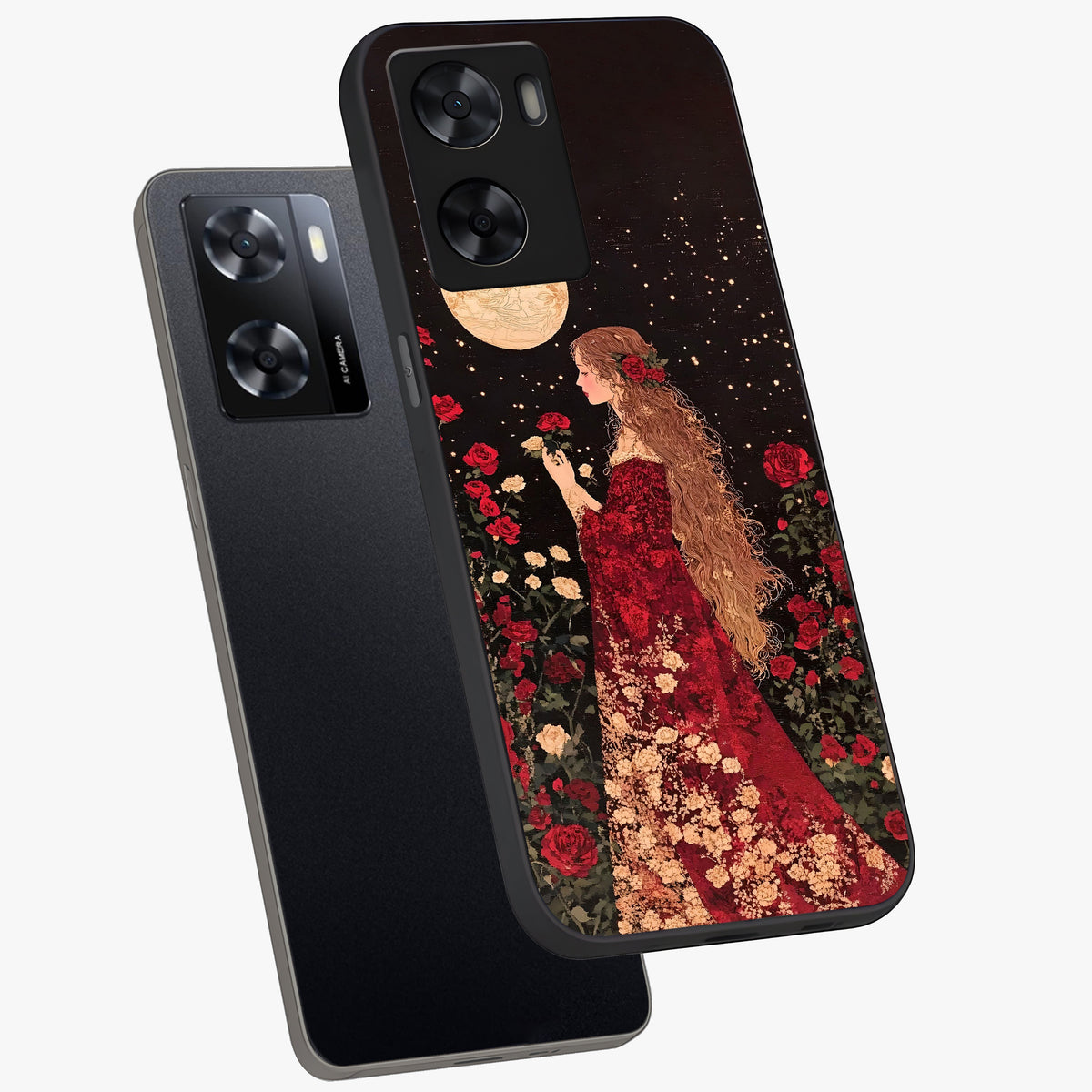 Crimson Dreams Glass Case displayed in angled mockup highlighting soft crimson aesthetic design with artistic theme.