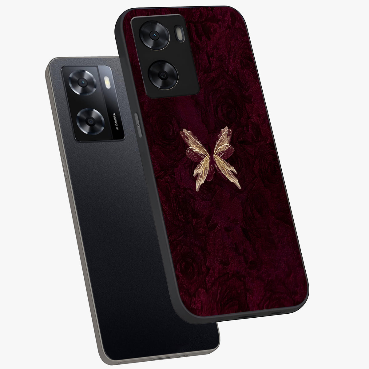 Crimson Fade Butterfly Glass Case displayed in angled mockup highlighting elegant butterfly design with crimson gradient aesthetic.