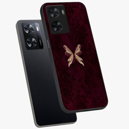 Crimson Fade Butterfly Glass Case displayed in angled mockup highlighting elegant butterfly design with crimson gradient aesthetic.