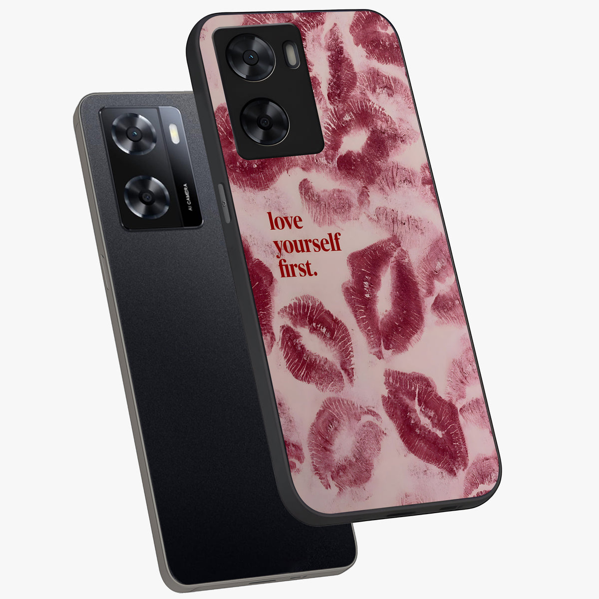 Crimson Kiss Love Glass Case displayed in angled mockup highlighting bold love inspired design with modern aesthetic style.