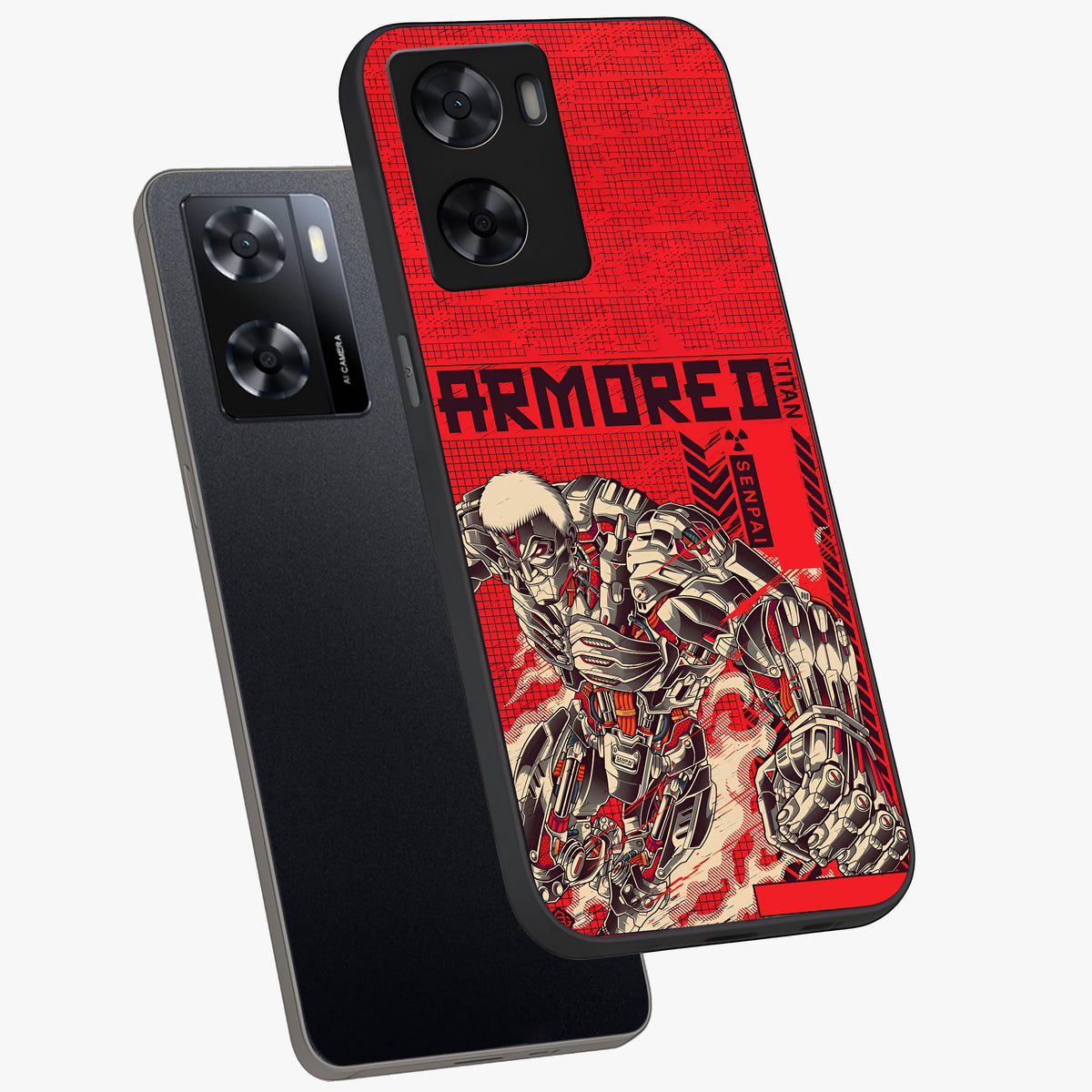 Crimson Mecha Titan Glass Case displayed in angled mockup highlighting futuristic mech illustration with bold crimson aesthetic.