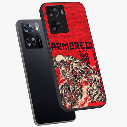 Crimson Mecha Titan Glass Case displayed in angled mockup highlighting futuristic mech illustration with bold crimson aesthetic.