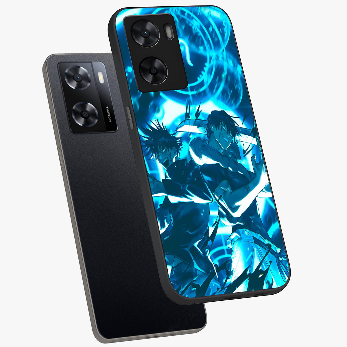 Cursed Energy Clash Glass Case displayed in angled mockup highlighting powerful battle inspired graphic with anime style aesthetic.