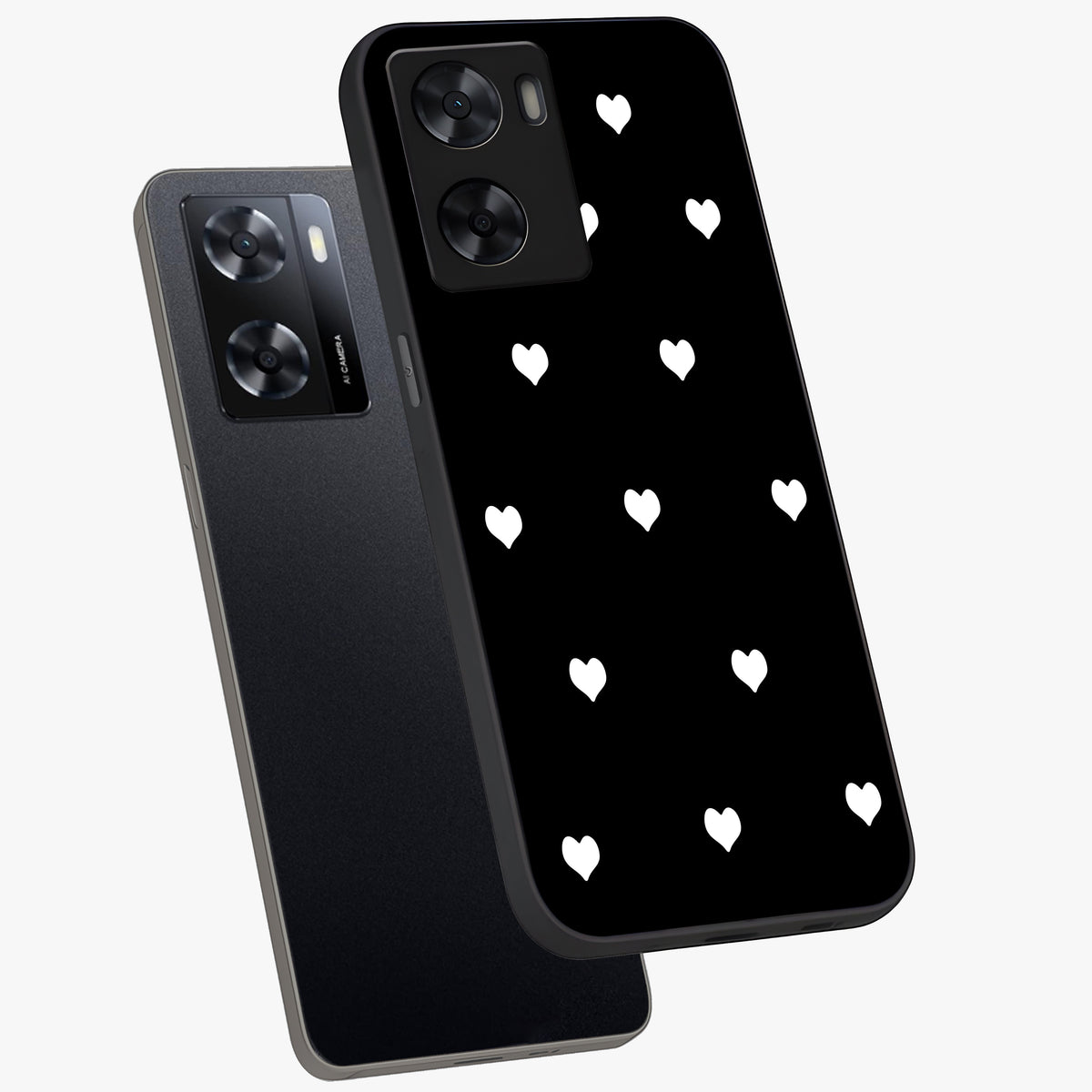 Cute And Simple White Hearts Glass Case displayed in angled mockup highlighting cute heart design with clean aesthetic style.