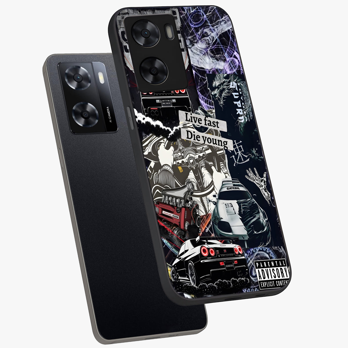 Die Young Glass Case displayed in angled mockup highlighting expressive graphic artwork with edgy aesthetic style.