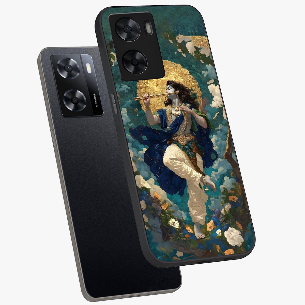 Divine Krishna Art Glass Case displayed in angled mockup highlighting spiritual Krishna illustration with devotional aesthetic.
