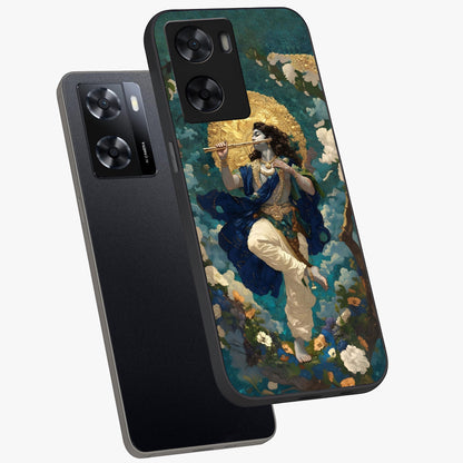 Divine Krishna Art Glass Case displayed in angled mockup highlighting spiritual Krishna illustration with devotional aesthetic.