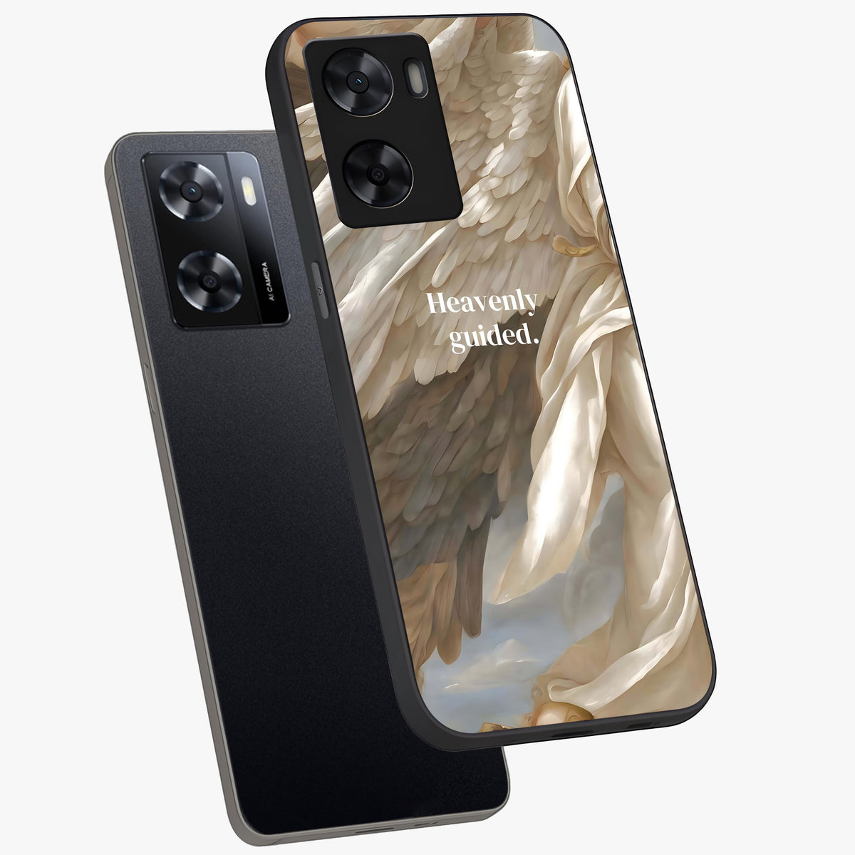 Divine Winged Grace Glass Case displayed in angled mockup highlighting graceful wing design with divine aesthetic style.