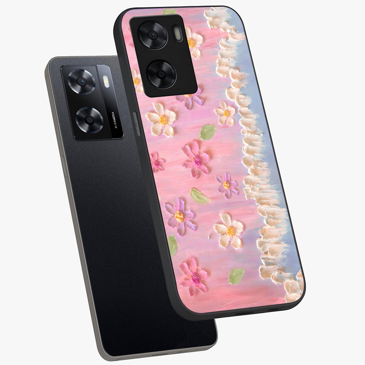 Dreamy Painted Garden Glass Case displayed in angled mockup highlighting colorful garden illustration with dreamy aesthetic style.