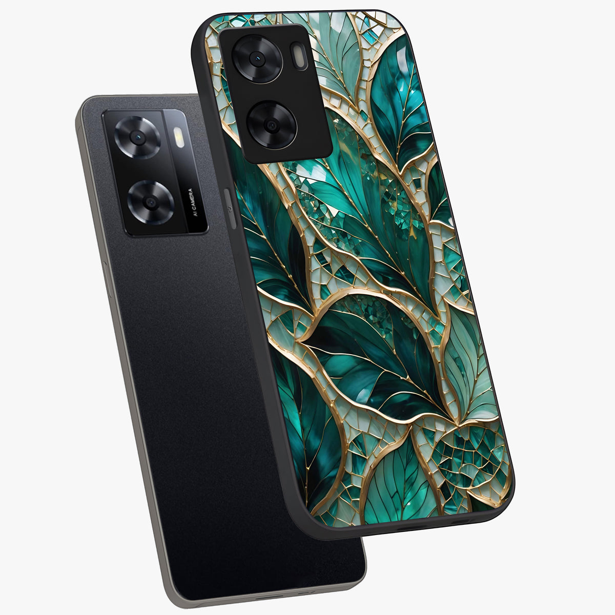 Emerald Leaf Glass Glass Case displayed in angled mockup highlighting botanical leaf illustration with elegant natural aesthetic.