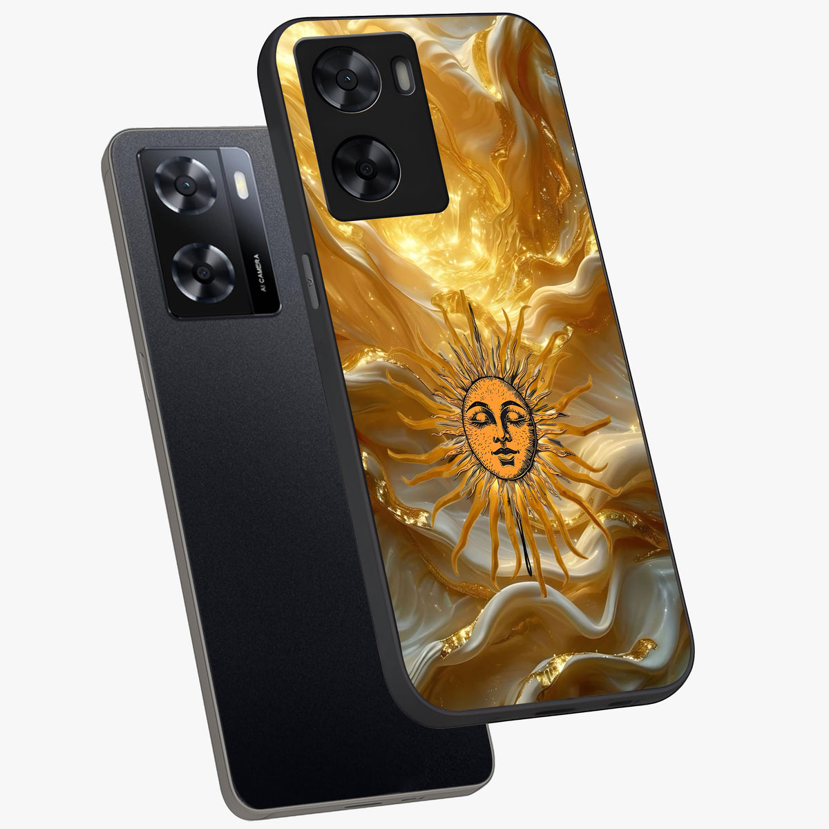 Eternal Golden Glow Glass Case displayed in angled mockup highlighting glowing golden aesthetic design with elegant style.
