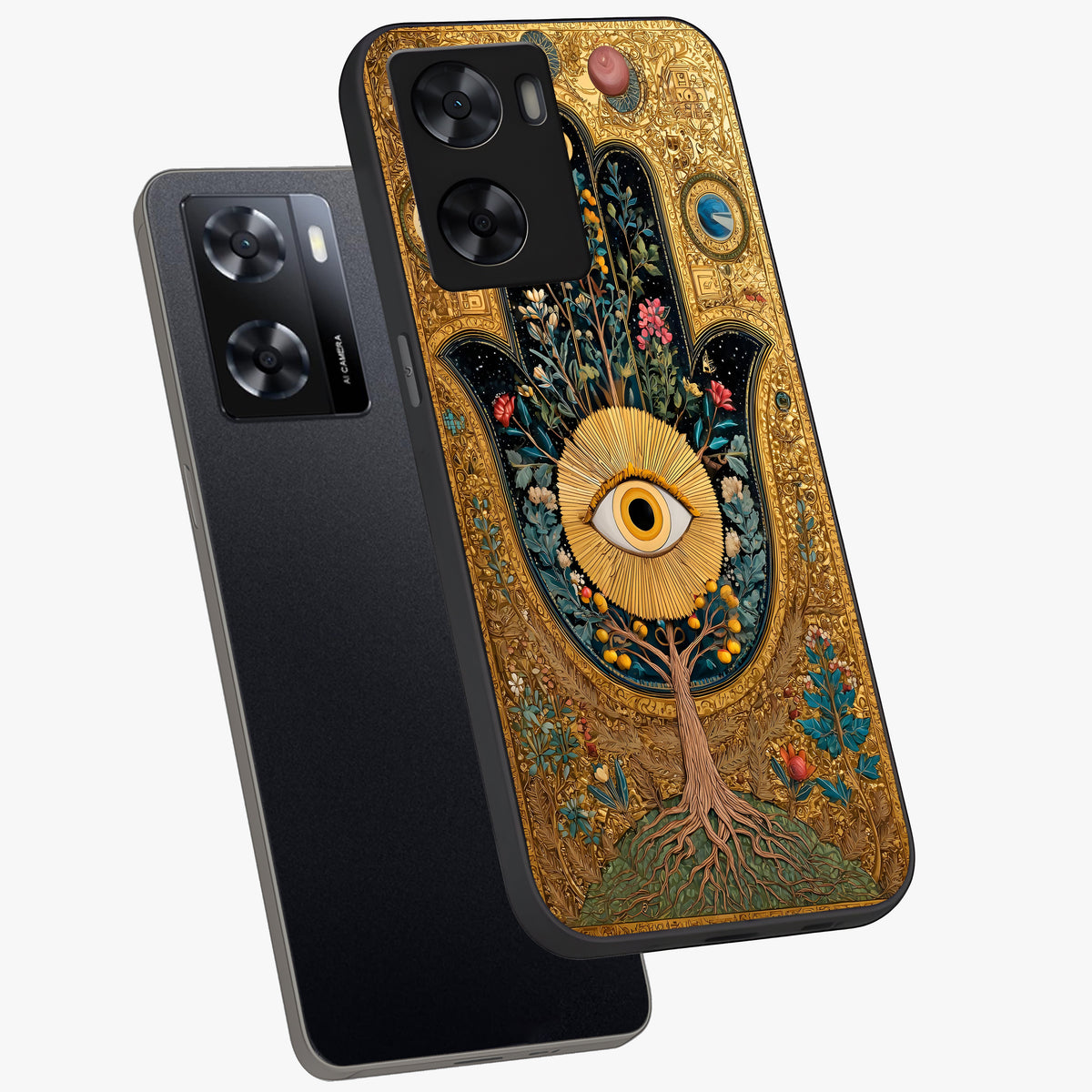 Ethereal Evil Eye Glass Case displayed in angled mockup highlighting protective evil eye symbol with spiritual aesthetic design.