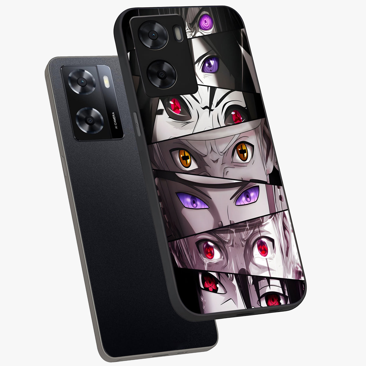 Eyes of Destiny Glass Case displayed in angled mockup highlighting bold eye illustration with mystical aesthetic style.