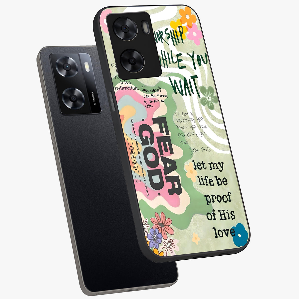 Faith Over Fear Glass Case displayed in angled mockup highlighting inspirational message design with modern aesthetic style.