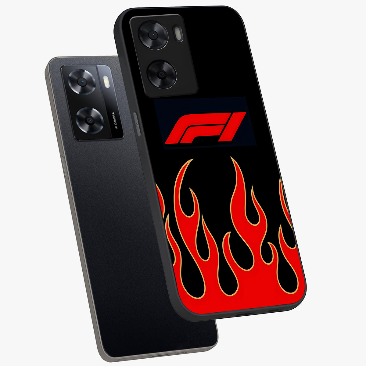 Fire F11 Glass Case displayed in angled mockup highlighting bold fire inspired graphic with energetic aesthetic style.