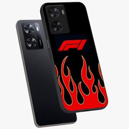 Fire F11 Glass Case displayed in angled mockup highlighting bold fire inspired graphic with energetic aesthetic style.