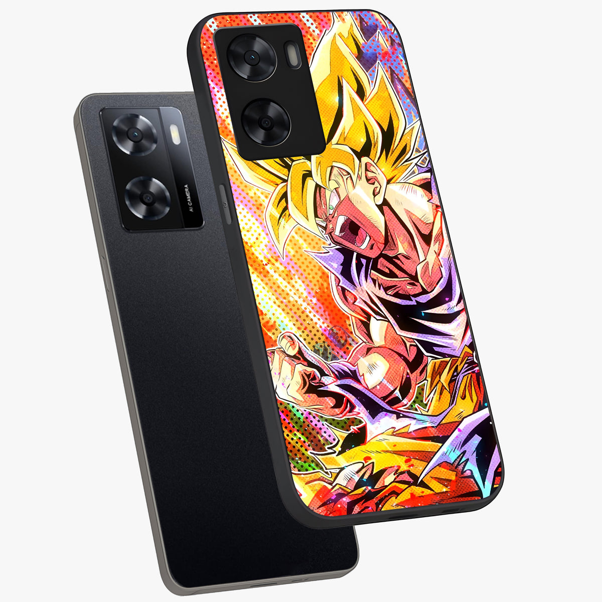Firing Goku Glass Case displayed in angled mockup highlighting dynamic anime character design with action aesthetic.