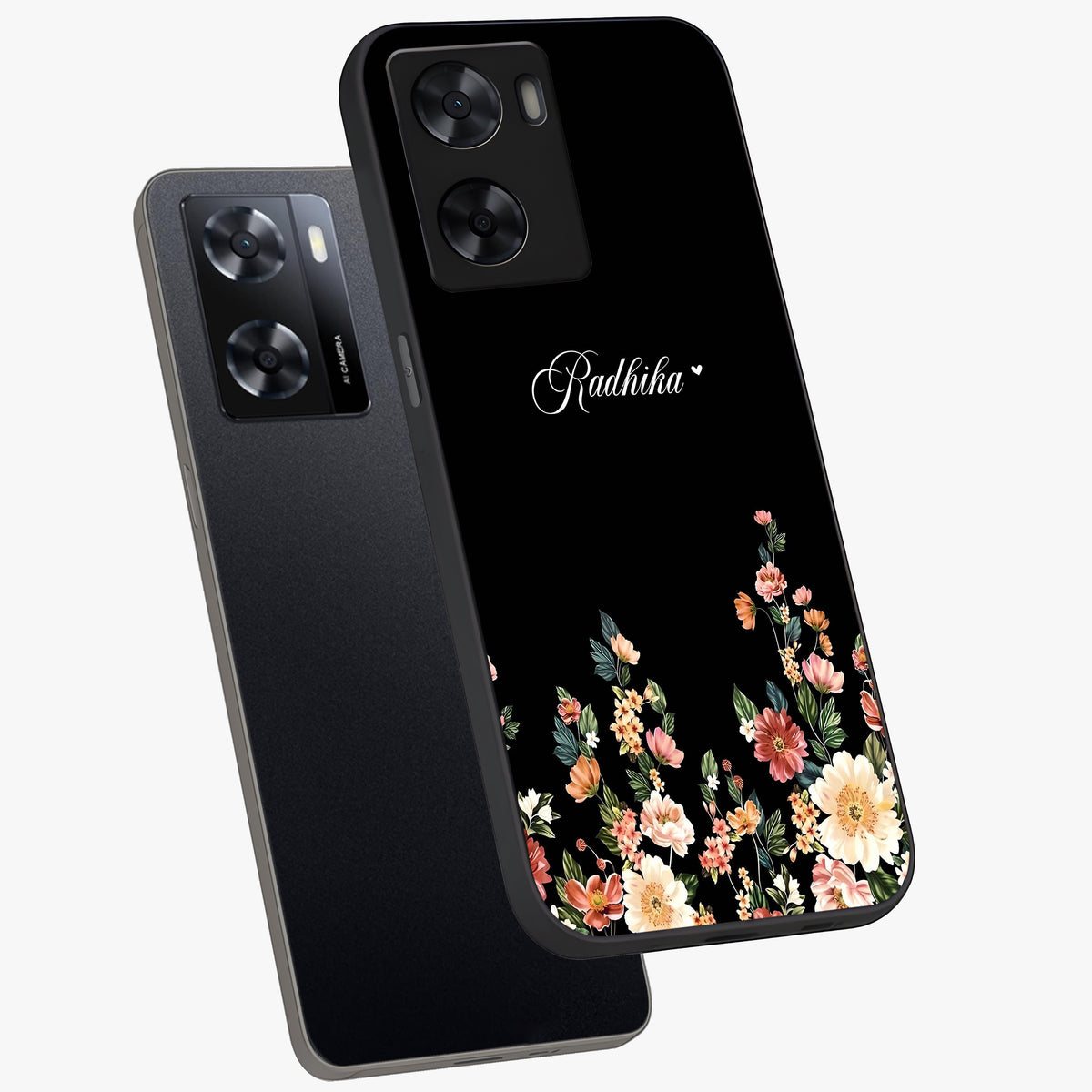 Floral Design With a Custom Personalized Name Glass Case displayed in angled mockup highlighting elegant floral pattern with custom name feature.