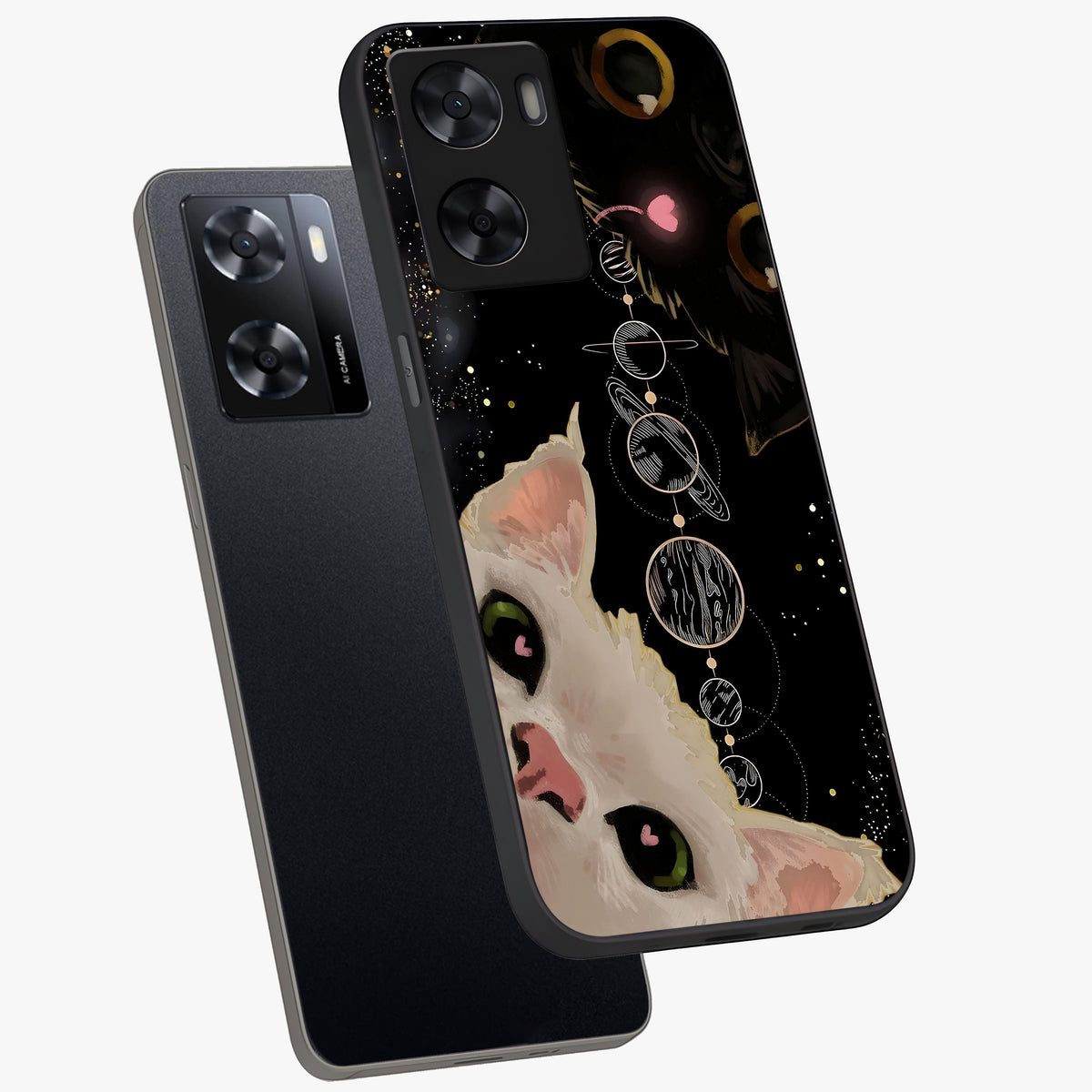 Galactic Cat Glass Case displayed in angled mockup highlighting celestial feline illustration with galaxy aesthetic style.