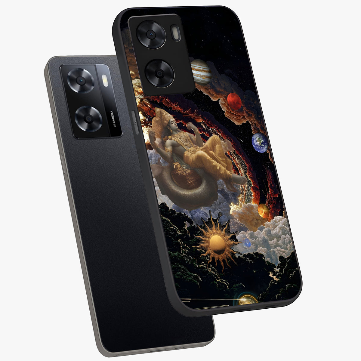 Galactic Divine God Glass Case displayed in angled mockup highlighting powerful celestial deity illustration with galactic aesthetic.