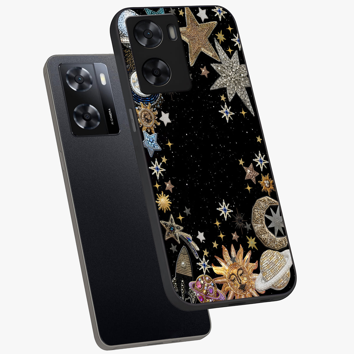 Galactic Jewel Stars Glass Case displayed in angled mockup highlighting shining celestial star design with cosmic aesthetic style.