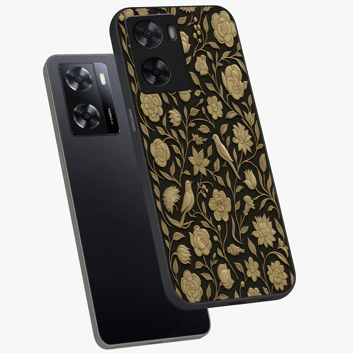 Golden Evil Eye Mandala Glass Case displayed in angled mockup highlighting protective evil eye symbol with golden mandala design.