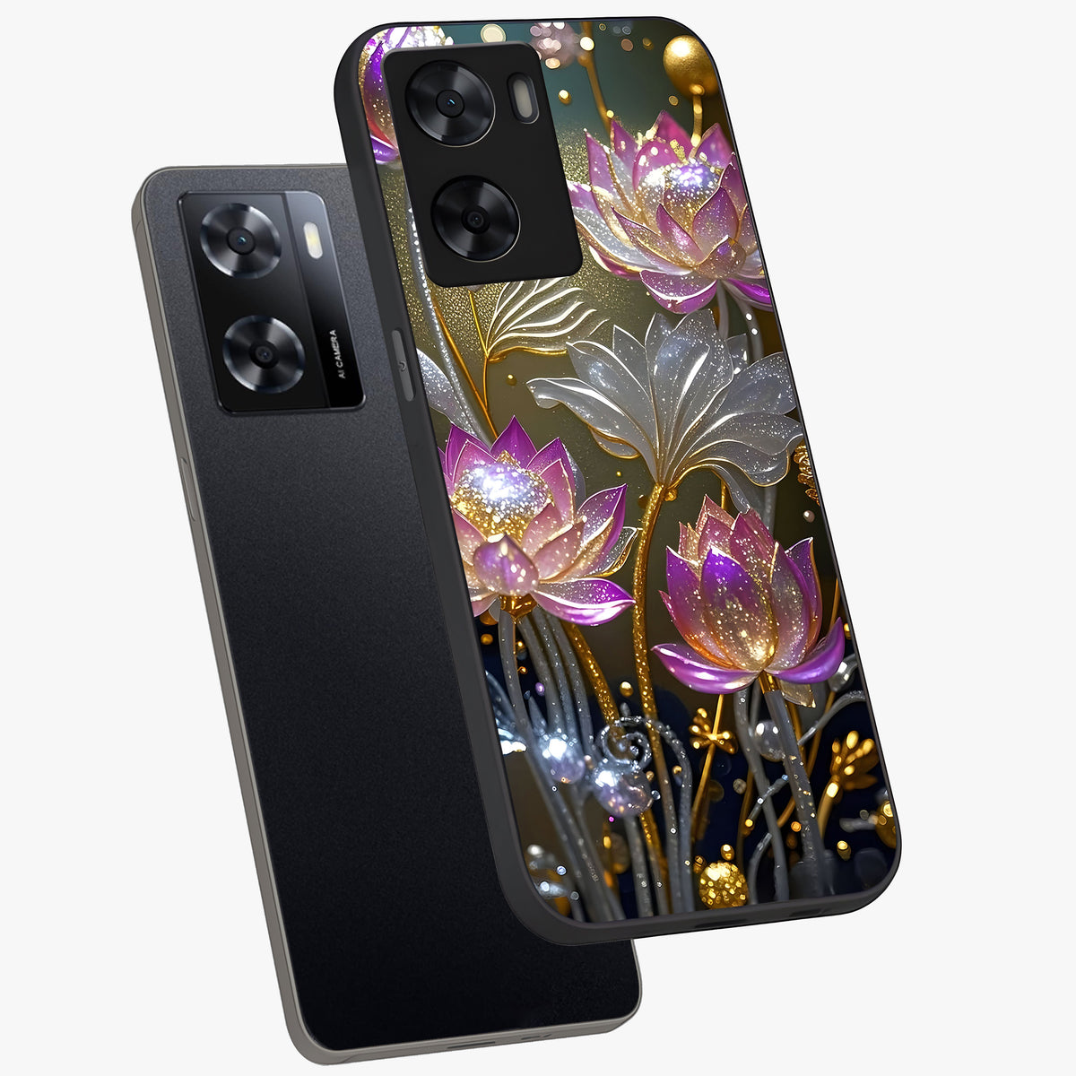 Golden Floral Majesty Glass Case displayed in angled mockup highlighting elegant flower design with royal golden aesthetic.