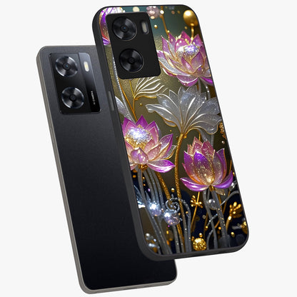 Golden Floral Majesty Glass Case displayed in angled mockup highlighting elegant flower design with royal golden aesthetic.