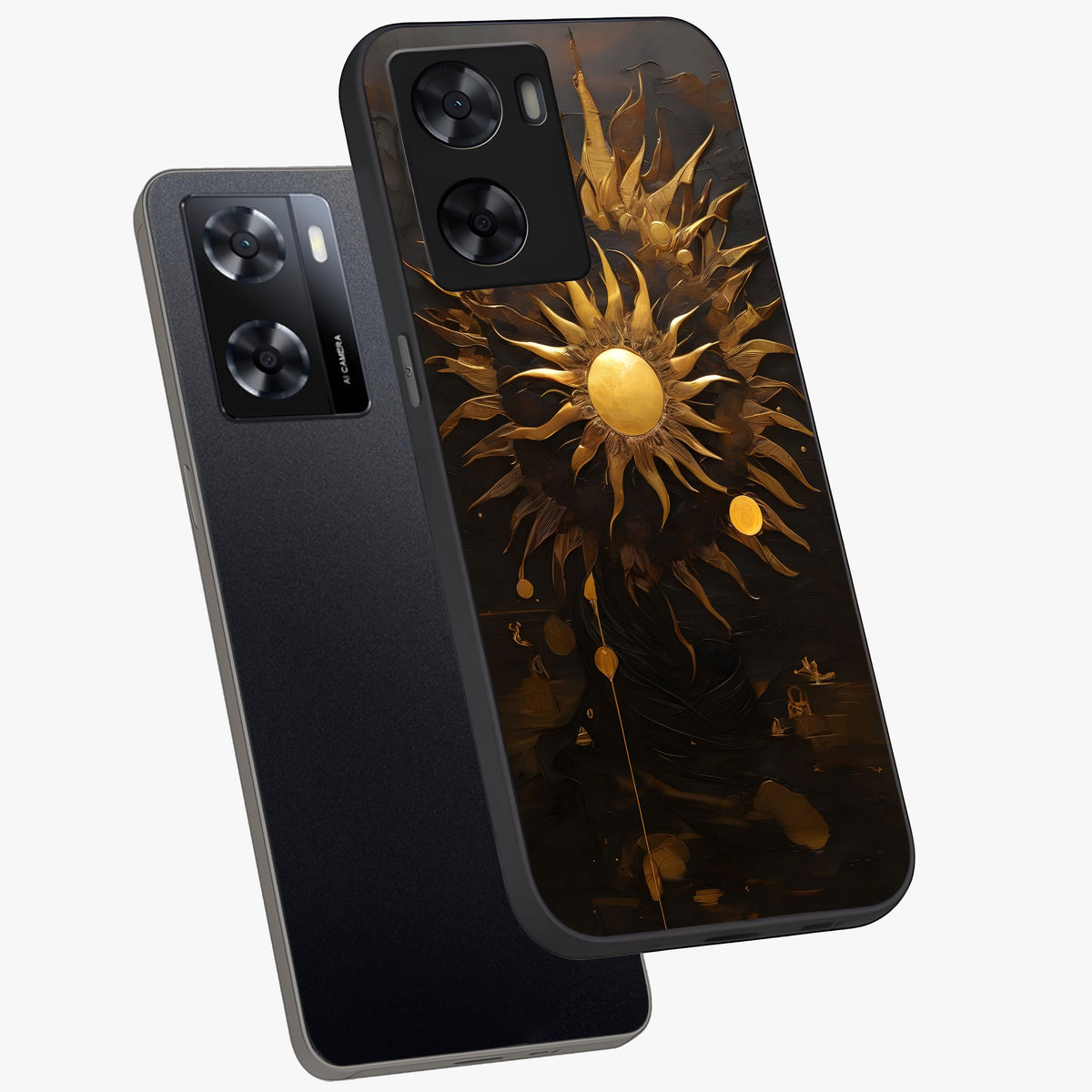 Golden Sun Majesty Glass Case displayed in angled mockup highlighting eerie shadow illustration with gothic aesthetic.