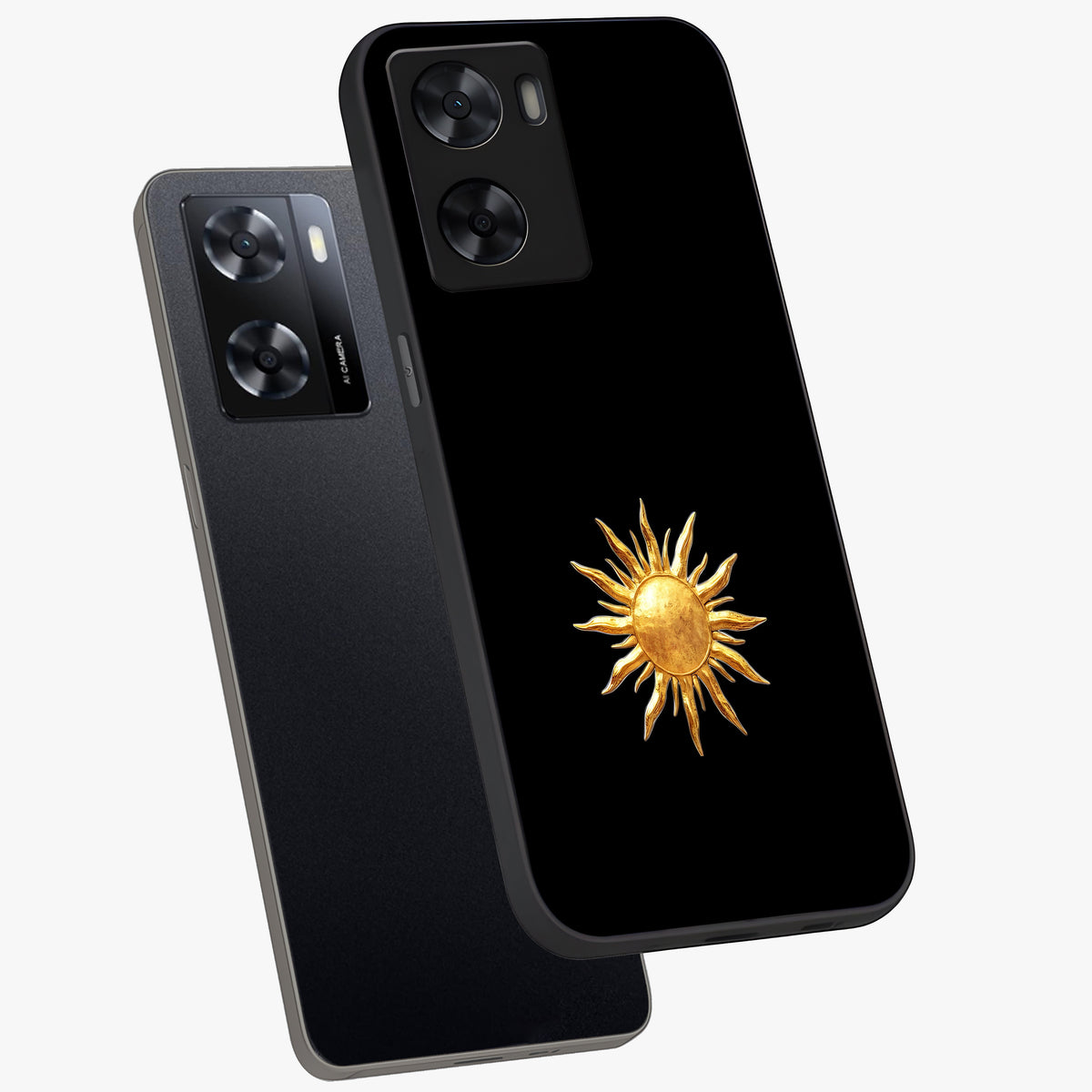Golden Sun Minimalism Glass Case displayed in angled mockup highlighting eerie shadow illustration with gothic aesthetic.