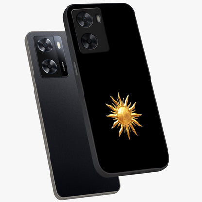 Golden Sun Minimalism Glass Case displayed in angled mockup highlighting eerie shadow illustration with gothic aesthetic.