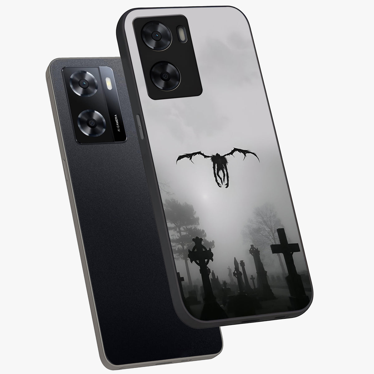 Graveyard Shadow Descent Glass Case displayed in angled mockup highlighting eerie shadow illustration with gothic aesthetic.