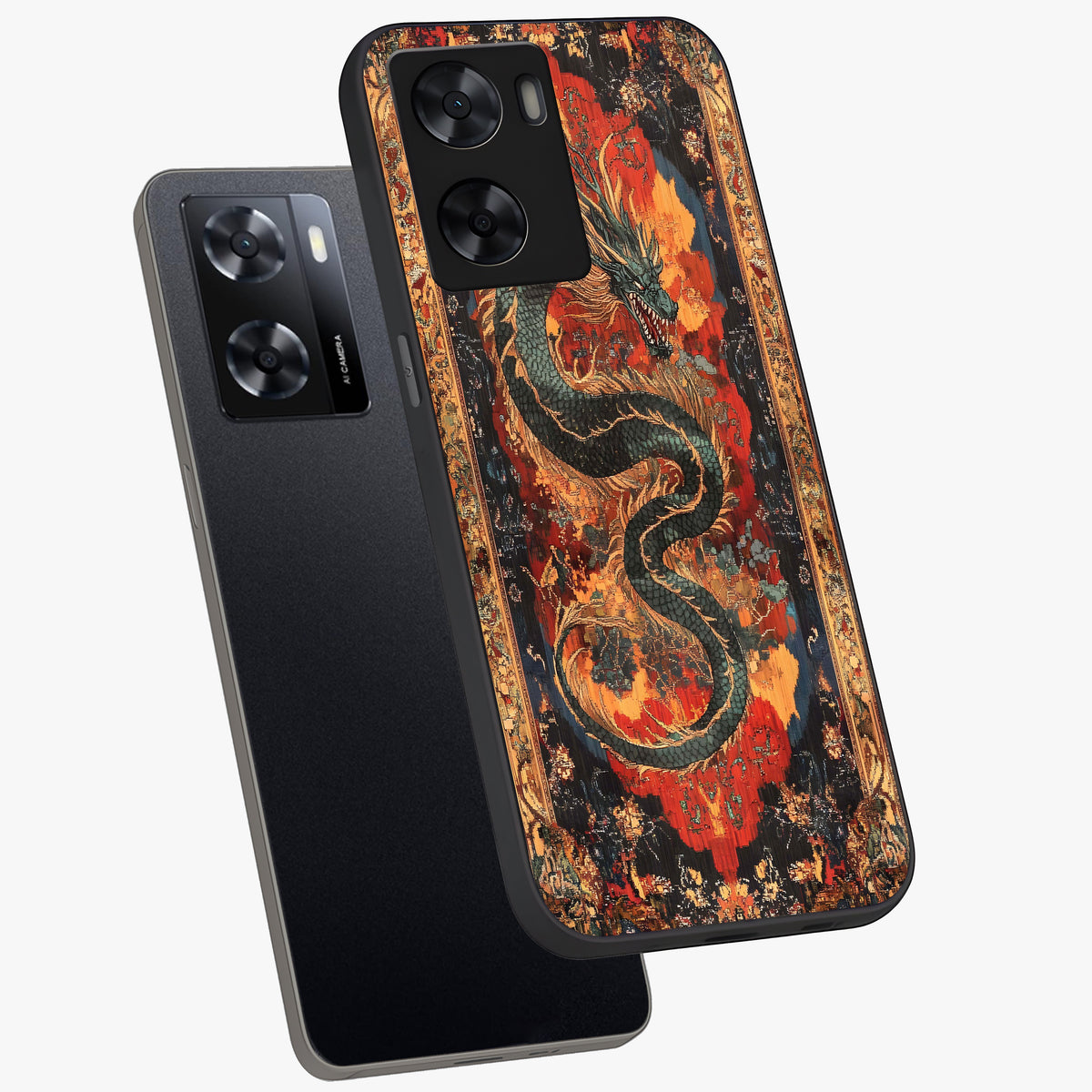 Inferno Dragon Soul Glass Case displayed in angled mockup highlighting powerful dragon illustration with inferno aesthetic.
