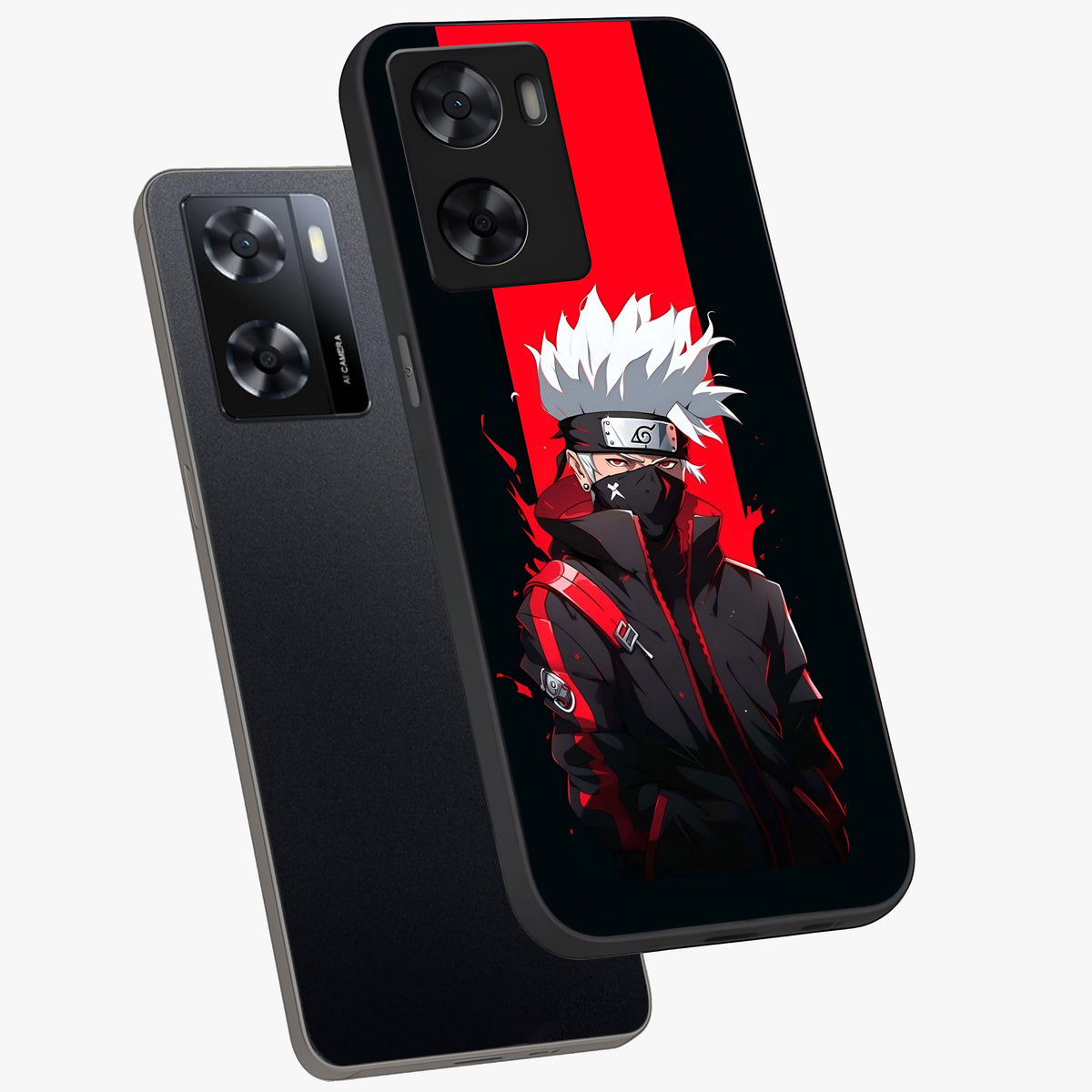 Kakashi Scarlet Shadow Glass Case displayed in angled mockup highlighting dramatic ninja illustration with scarlet themed aesthetic.