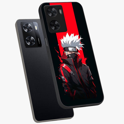 Kakashi Scarlet Shadow Glass Case displayed in angled mockup highlighting dramatic ninja illustration with scarlet themed aesthetic.