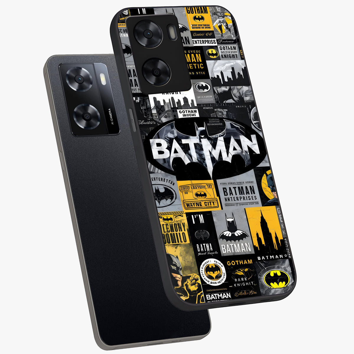 Knight Gotham Rise Glass Case displayed in angled mockup highlighting powerful knight silhouette design with dramatic aesthetic.