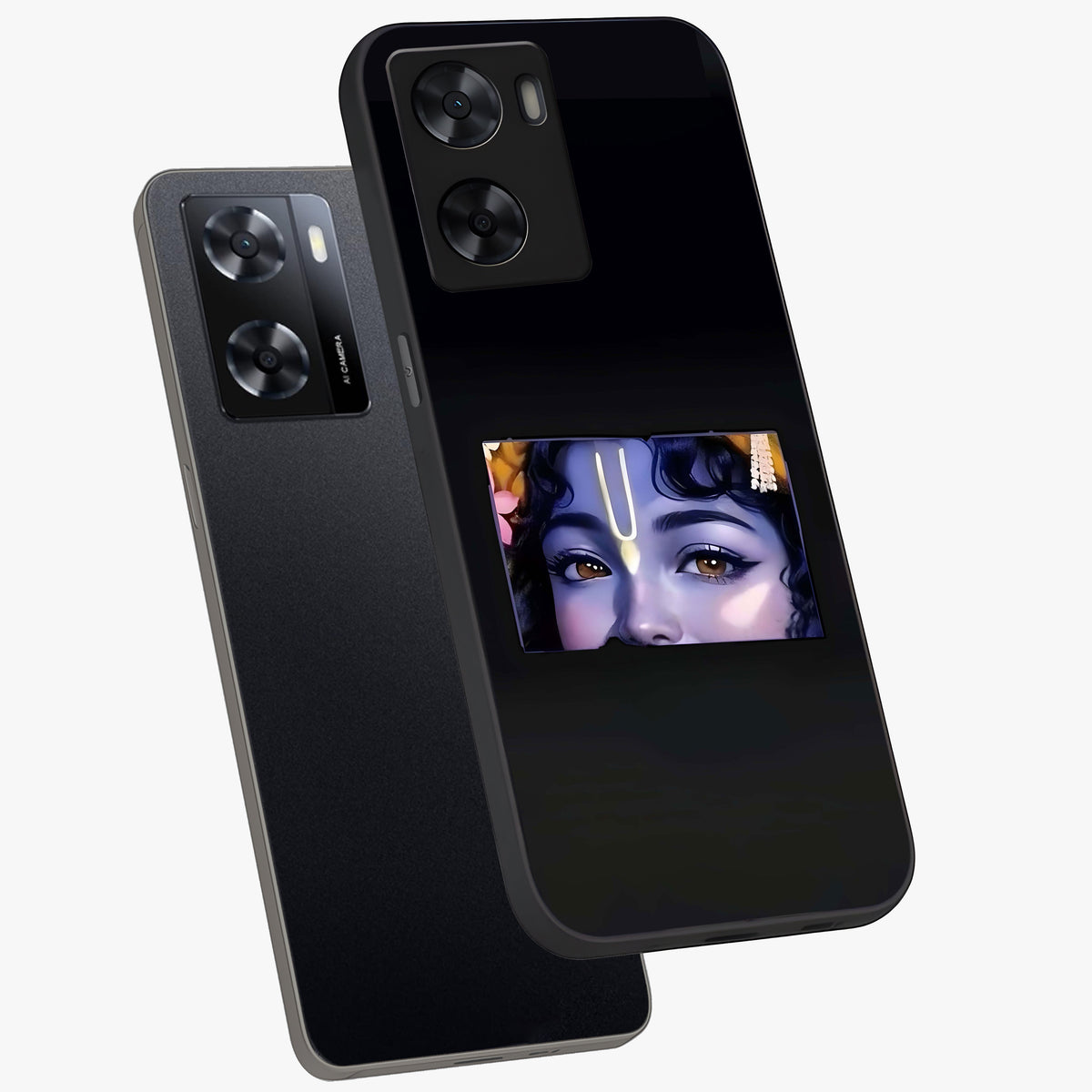 Krishna Divine Embrace Glass Case displayed in angled mockup highlighting divine Krishna illustration with spiritual aesthetic.
