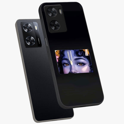 Krishna Divine Embrace Glass Case displayed in angled mockup highlighting divine Krishna illustration with spiritual aesthetic.
